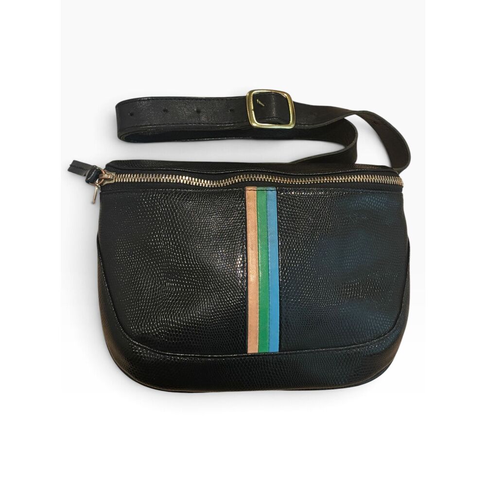 Clare V. Fanny Pack Belt Bag Black Lizard Embossed Leather Tan Green Blue Stripe